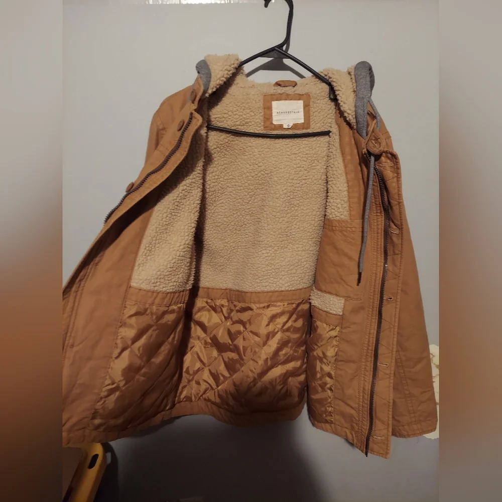 Aeropostale Mens Sherpa Lined Hooded Utility Jacket Size M Tan Workwear Gorpcore
